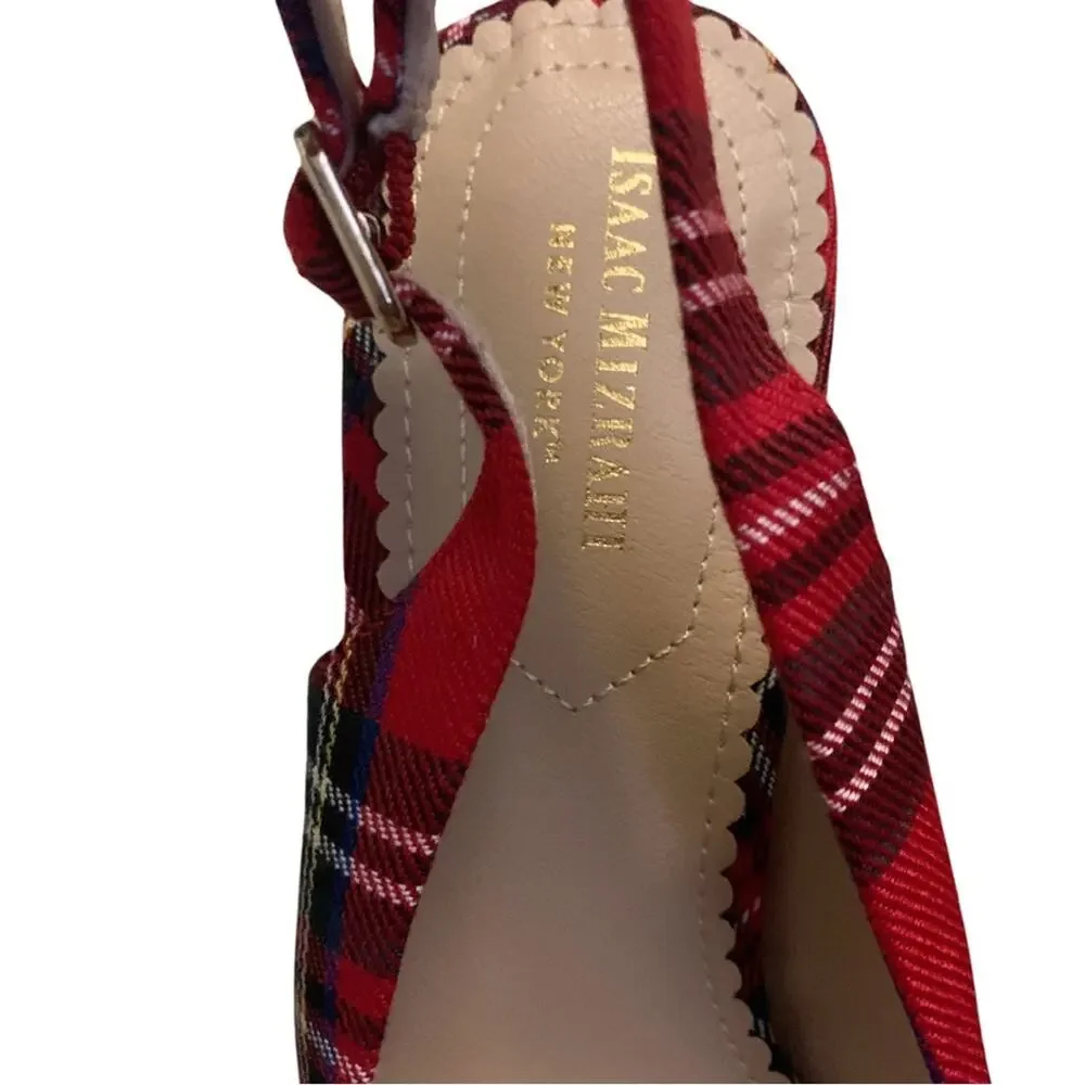 Isaac Mizrahi Red Green Plaid Slingback Pointed Toe Heels Size 8.5 Pumps Preppy - Picture 3 of 9